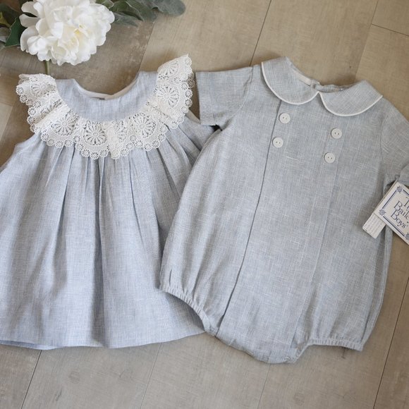 Blue Linen Float Dress Crocheted Lace Collar The Bailey Boys Boutique 3 Months - Picture 5 of 6